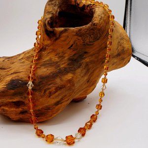 Amber & White Crystals Geometric Graduated Bead Silver Necklace 25"